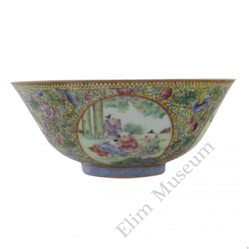 1143  A pair of Qian-long  fencai bowls with playing boys  
