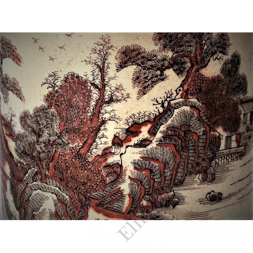 1565 An Kangxi period brush pot with under glaze red landscape