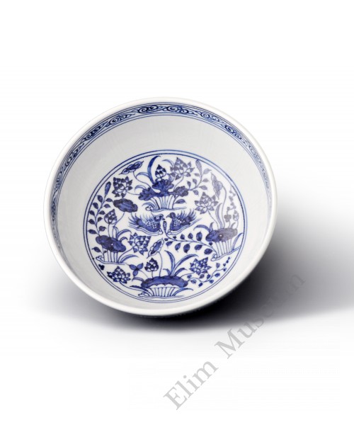 1595 A early Ming B&W lotus & mandarin ducks bowl   