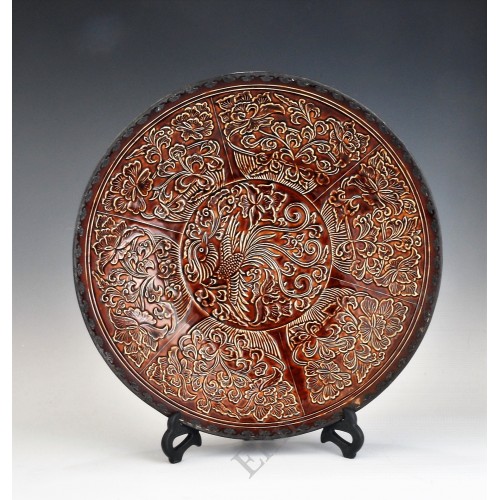 1695 Ding-ware brown glaze carved phoenix flowers plate