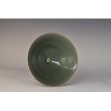 1735 An iridescent green glaze conical bowl 