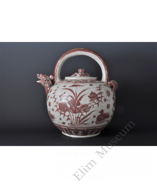 1762 An underglaze red lotus & ducks pattern teapot 