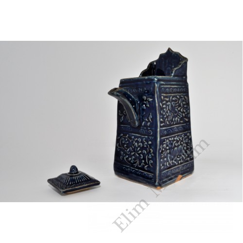 1768  A Yuan Blue Glaze Ewer (Duomuhu) with Carved Lotus