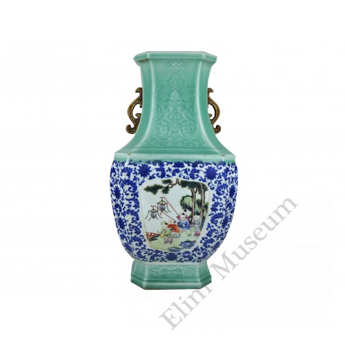 1209  A carved celadon underglaze-blue fencai vase