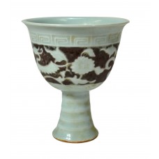 1216 An underglaze-red stem cup with geese and reed decor