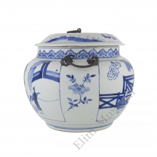 1250 Kang-Xi B&W porridge pot with figures