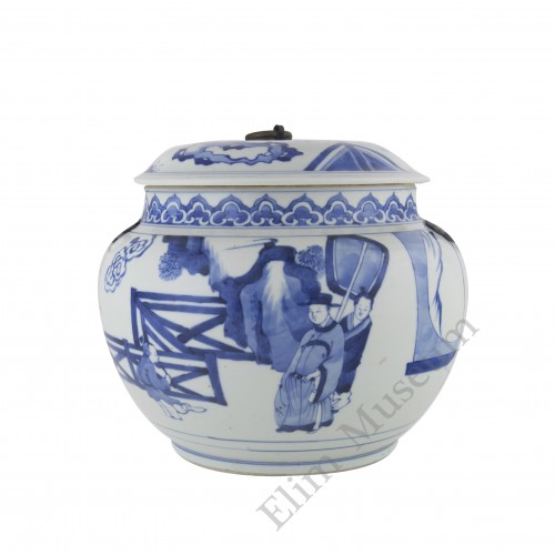 1250 Kang-Xi B&W porridge pot with figures