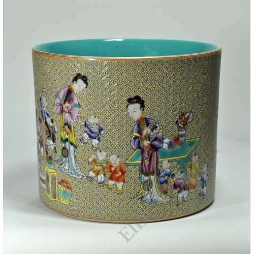 1058  A  Yangcai “ Four concubines and sons”  brush pot  