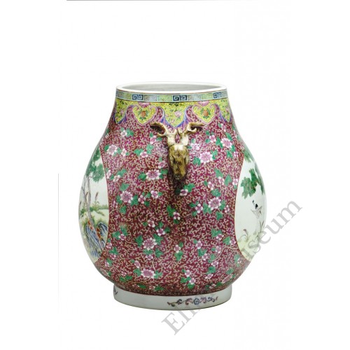 1078 Qing Dynasty  Fengcai  windowed “Crans&Deers ” vase