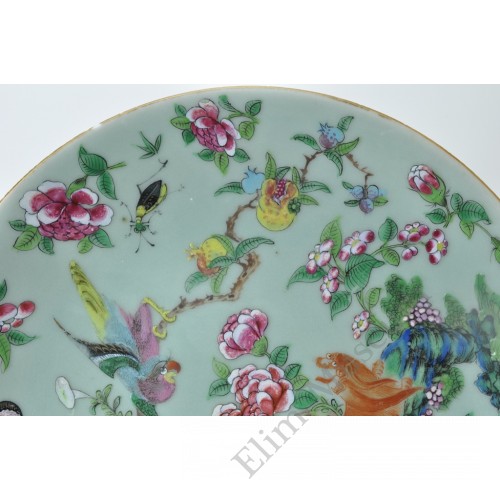 1085 A  celadon plate auspicious flowers and animals 