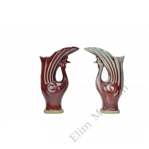 1089 A pair of  Langyao peacock brush holders 