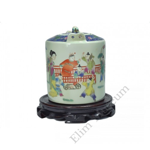  1090  A rose famille verte tea pot with playing  mother and children